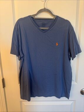 Polo by Ralph Lauren V-Neck T-Shirt in Blue with Orange Pony